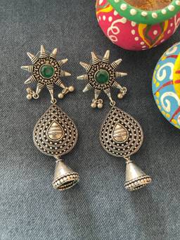 Digital Dress Room - German Oxidized Flower Tibetan Tribal Green Earrings for Women