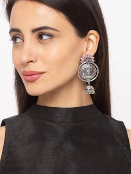 Digital Dress Room - German Oxidized Tortoise Engraved Pink Stone Studded Jhumka Earrings
