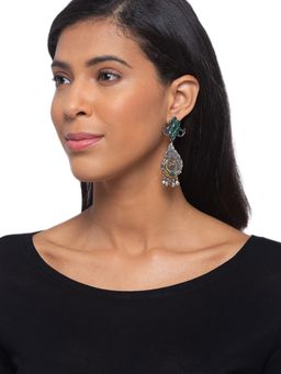Digital Dress Room - German Oxidized Peacock Engraved with Green Stone Earrings