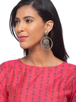 Digital Dress Room - German Oxidized Tribal Design Engraved Green Stone Dangler Earrings
