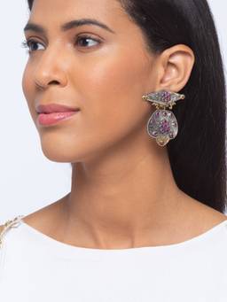 Digital Dress Room - German Oxidized Tribal Leaf Designs Engraved with Pink Stone Studded Earrings