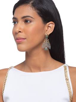 Digital Dress Room - German Oxidized Peacock Engraved Designs with Green Stone Studded Earrings