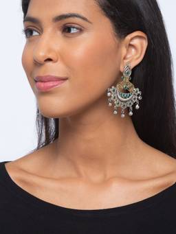 Digital Dress Room - German Oxidized Flower Engraved Green Stone Chandbali Earrings