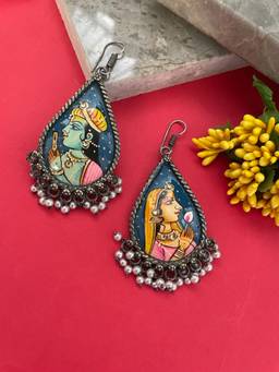 Digital Dress Room - Beautiful Hand Painted Radha-Krishna White Earrings for Women