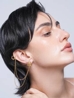 CAO JEWELLERY - White Zircon Stud Double Chain Single Ear Clip