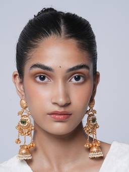 CAO JEWELLERY - Green Long Peacock Design Ghungroo Jhumka Earrings