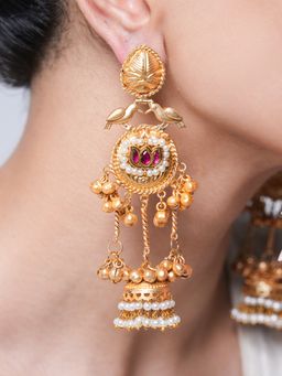 CAO JEWELLERY - Pink Long Peacock Design Ghungroo Jhumka Earrings