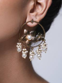CAO JEWELLERY - White Designer Golden Polished Flower Earrings