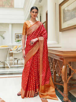 Odette - Festive Red Silk Blend Woven Saree with Unstitched Blouse