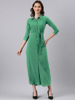 SHOWOFF - Women Green Shirt Style Buttons Up Maxi Dress with Waist Tie-Up (Set of 2)