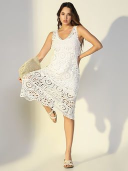 SHOWOFF - Women White A-Line Crochet Midi Dress