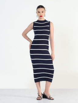 SHOWOFF - Women Striped Navy Blue Bodycon Midi Dress