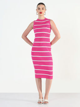 SHOWOFF - Women Striped Pink Bodycon Midi Dress