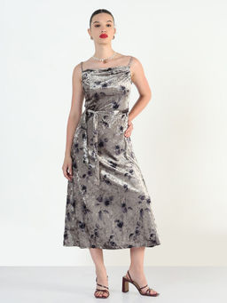SHOWOFF - Women Floral Grey A-Line Midi Dress with Belt (Set of 2)