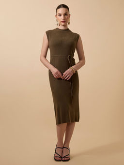 SHOWOFF - Women Ribbed Olive Sleeveless High Neck Midi Dress with Waist Tie (Set of 2)