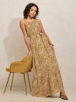 SHOWOFF - Women Animal Print Brown Maxi Dress with Belt (Set of 2)