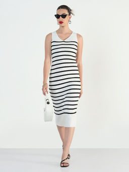 SHOWOFF - Women Striped White Bodycon Midi Dress