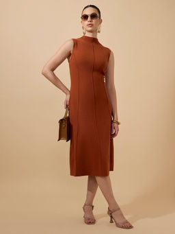 SHOWOFF - Women Textured Rust High Neck Sleeveless A-Line Midi Dress