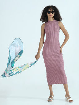 SHOWOFF - Women Ribbed Mauve High Neck Bodycon with Studs Midi Dress