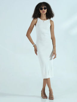 SHOWOFF - Women Ribbed White Round Neck Bodycon Midi Dress
