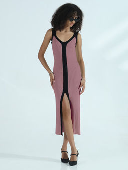 SHOWOFF - Women Ribbed Mauve V-Neck Front Slit Midi Dress