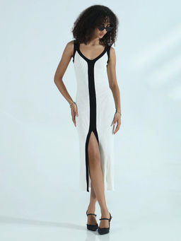 SHOWOFF - Women Ribbed White V-Neck Front Slit Midi Dress