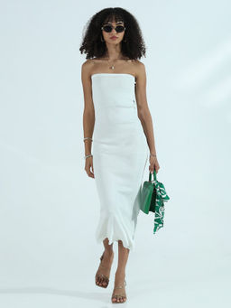 SHOWOFF - Women Ribbed White Strapless Bodycon Midi Dress