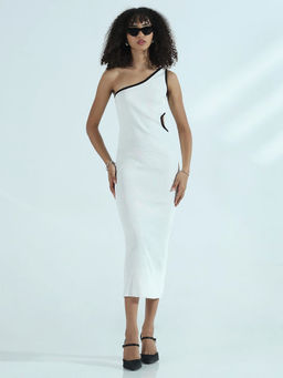 SHOWOFF - Women Ribbed White One Shoulder Cut-Out Bodycon Midi Dress