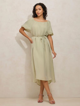 SHOWOFF - Women Green Balloon Sleeves Midi Dress with Waist Tie (Set of 2)