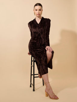 SHOWOFF - Women Textured Velvet Brown Knot V-Neck Front Slit Maxi Dress