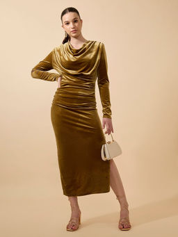 SHOWOFF - Women Draped Velvet Olive Bodycon Side Slit Maxi Dress
