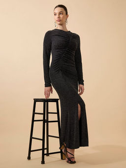 SHOWOFF - Women Shimmer Ruched Black Maxi Slim Fit Side Slit Gown Dress