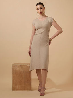 SHOWOFF - Women Ribbed Beige Round Neck Side Pleats Midi Dress
