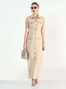 SHOWOFF - Women Beige Shirt Style Maxi Dress