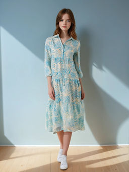 CRIMSOUNE CLUB - Women Blue Floral Print Linen A-Line Dress