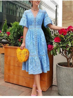 MISS MOSA BY AKANKSHA - Elegant Blue Jacquard Midi Dress