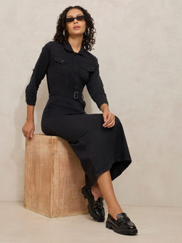 SHOWOFF - Women Black Denim Shirt Style Midi Dress with Belt (Set of 2)