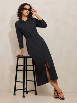 SHOWOFF - Women Black Denim Front Slit Midi Dress with Belt (Set of 2)