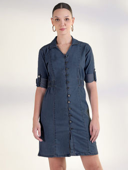 SHOWOFF - Women Navy Blue Shirt Style Denim Button Up Mini Dress