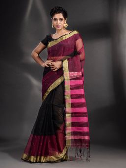 Arhi - Black And Fuchsia Pink Blended Cotton Handwoven Saree with Unstitched Blouse