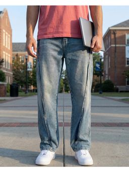Bewakoof - Mens Indigo Blue Washed Straight Fit Mid-Rise Jeans