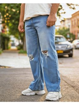 Bewakoof - Mens Blue Washed Straight Fit Distressed Plus Size Jeans