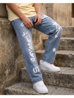 Bewakoof - Mens Blue Typography Washed Straight Fit Jeans