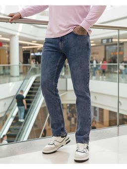 Bewakoof - Mens Tinted Blue Washed Slim Straight Fit Stretchable Mid-Rise Jeans