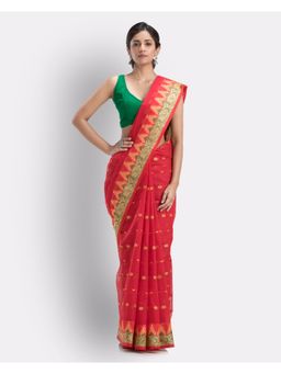 Angoshobha - Handloom Pure Cotton Tant Saree In Red