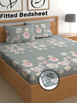CHHAVI INDIA - Slate Grey Premium 210 TC Floral Fitted Bedsheet with 2 Pillow Covers