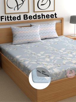 CHHAVI INDIA - Sky Blue 210 TC Feather Pattern Fitted Bedsheet with 2 Pillow Covers