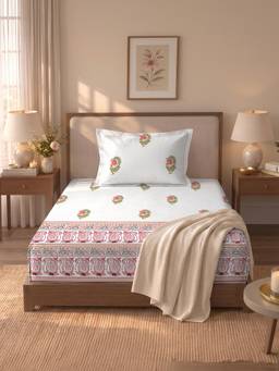 Urban Space - 300Tc Cotton Bedsheet with Pillow Cover - Off White-Pink (Single)