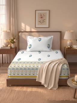 Urban Space - 300Tc Cotton Bedsheet with Pillow Cover - Off White-Yellow (Single)