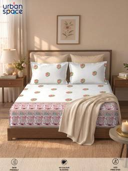 Urban Space - 300Tc Cotton Bedsheet with Pillow Covers - White-Pink (Double)